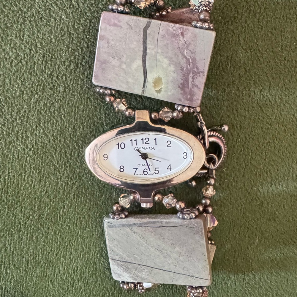 Geneva Silver and Gray Stone Bracelet Watch